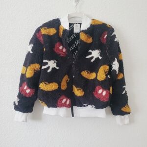 Disney Store Black Mickey Soft Teddy Fleece Crop Zip Up Bomber Jacket Sweater XS